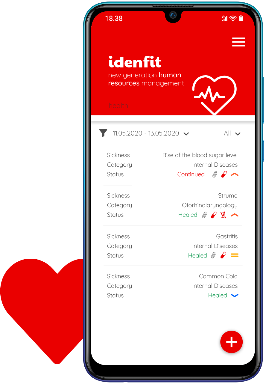 Idenfit health module helps you to keep your hr department informed about health issues and medical history of your employees.